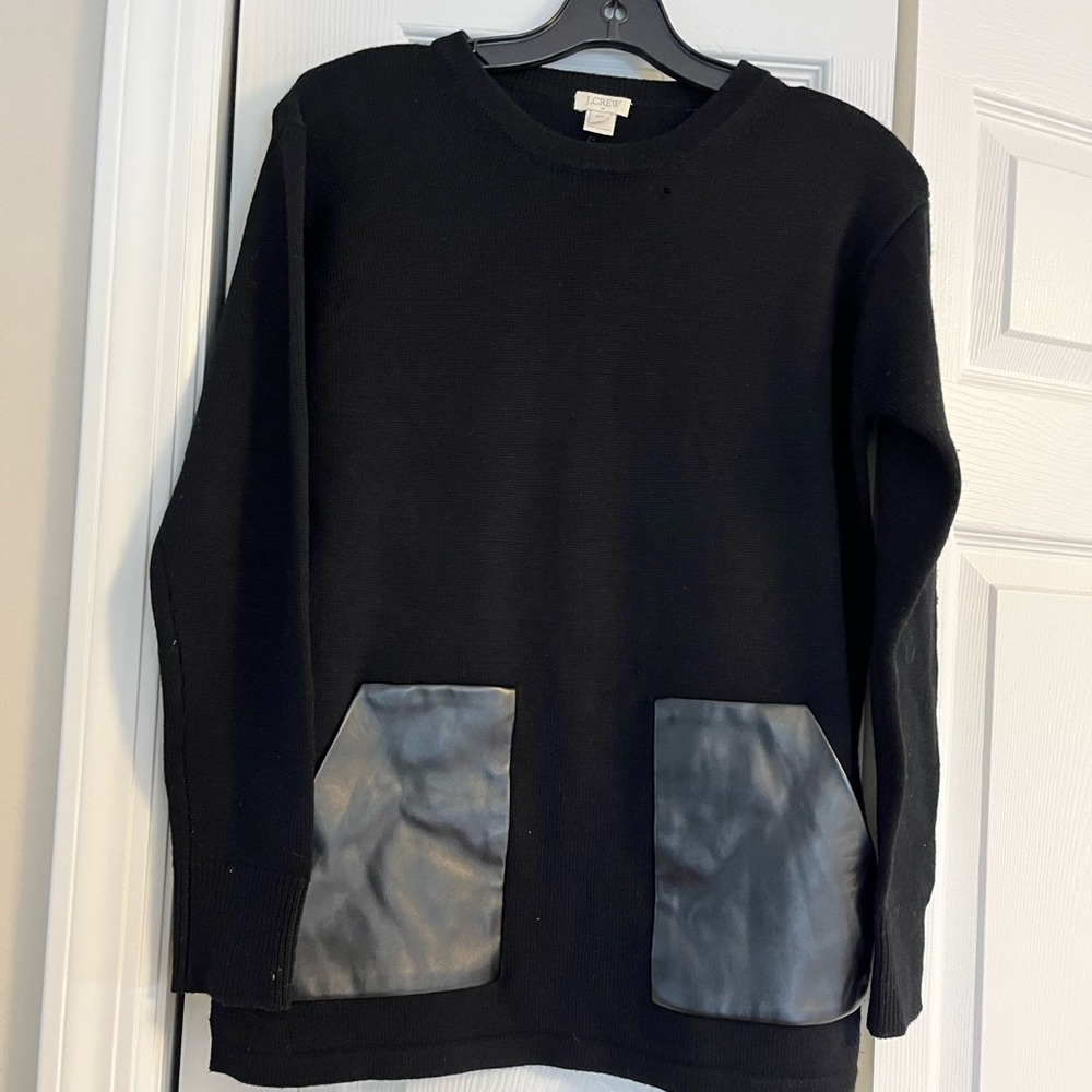 J crew black sweater with leather pocket front